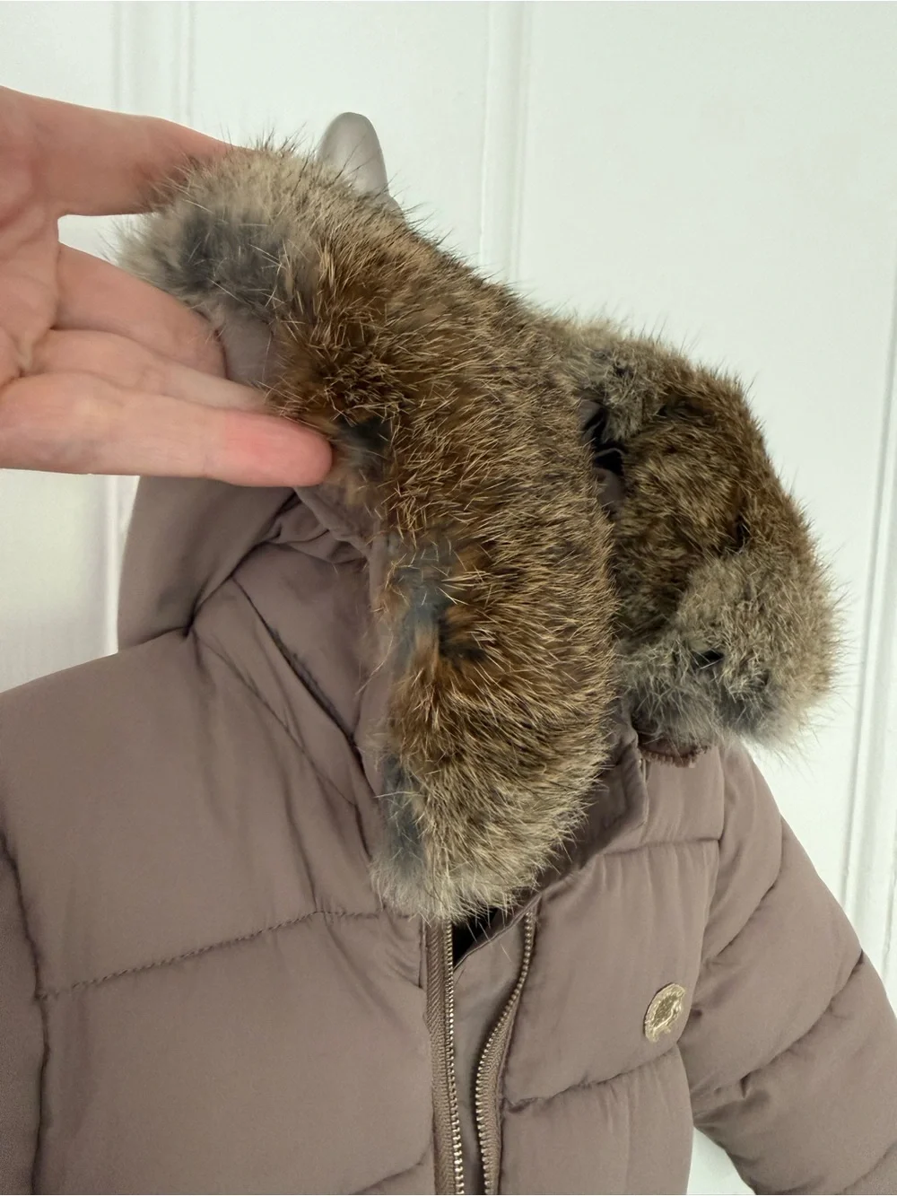 Tartine et Chocolat Taupe Quilted Baby Puffer with Real Fur Trim
